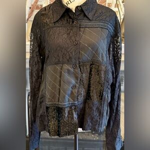 Bedford Fair Vintage Black Lace Floral Sheer Blouse Long Sleeve Women’s Large